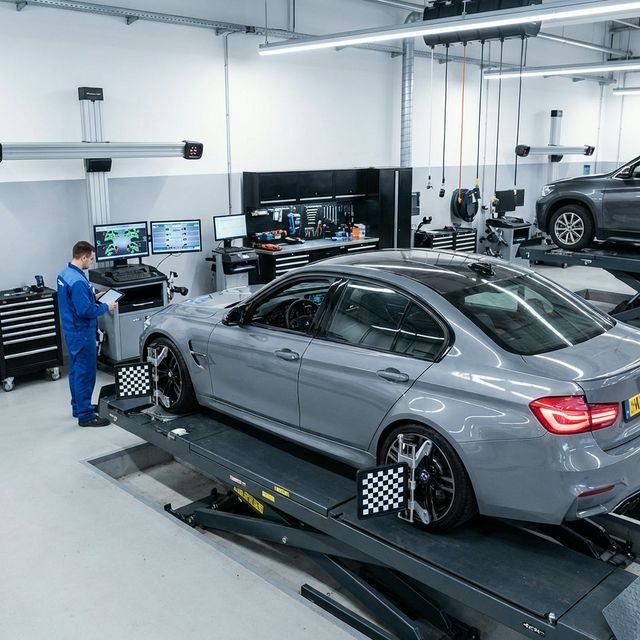 Veículo na rampa de alinhamento 3D com sensores